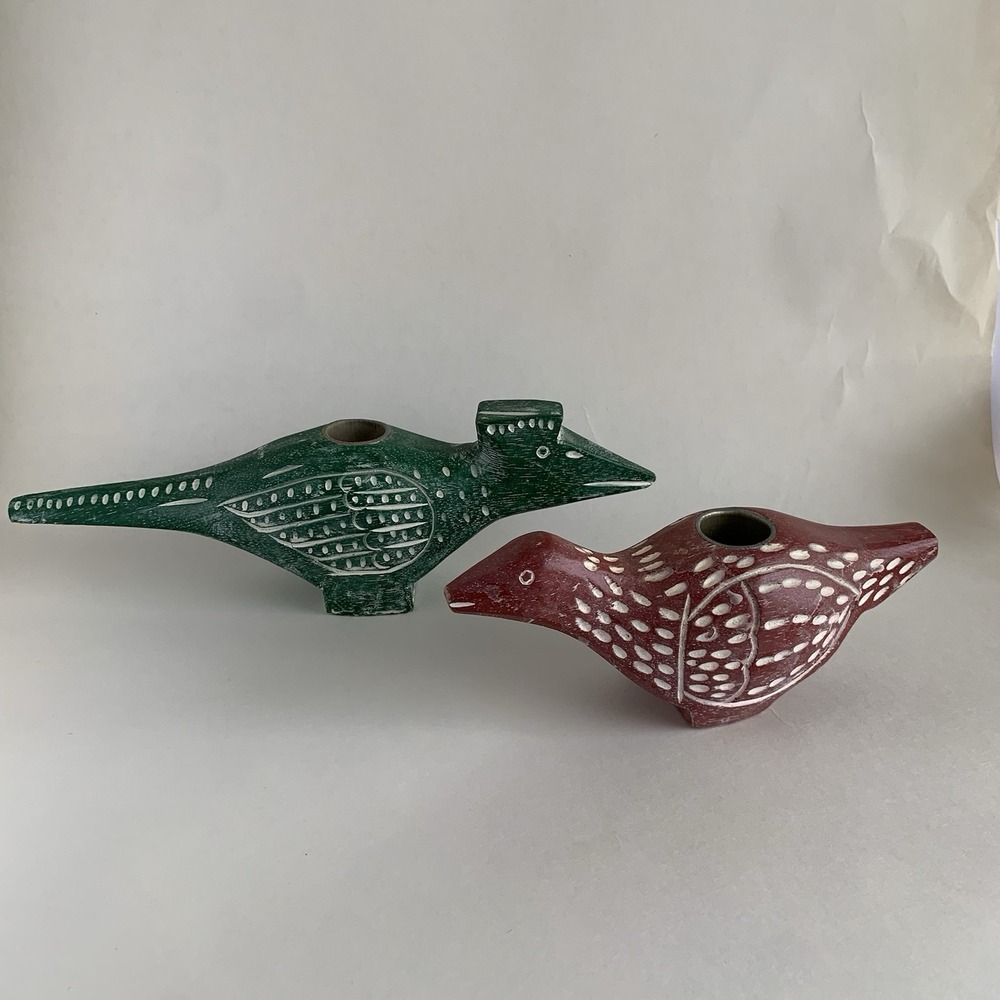 Pottery Barn Wooden Bird Candle Holders Set Of 2 Southwestern Native Aztec Decor